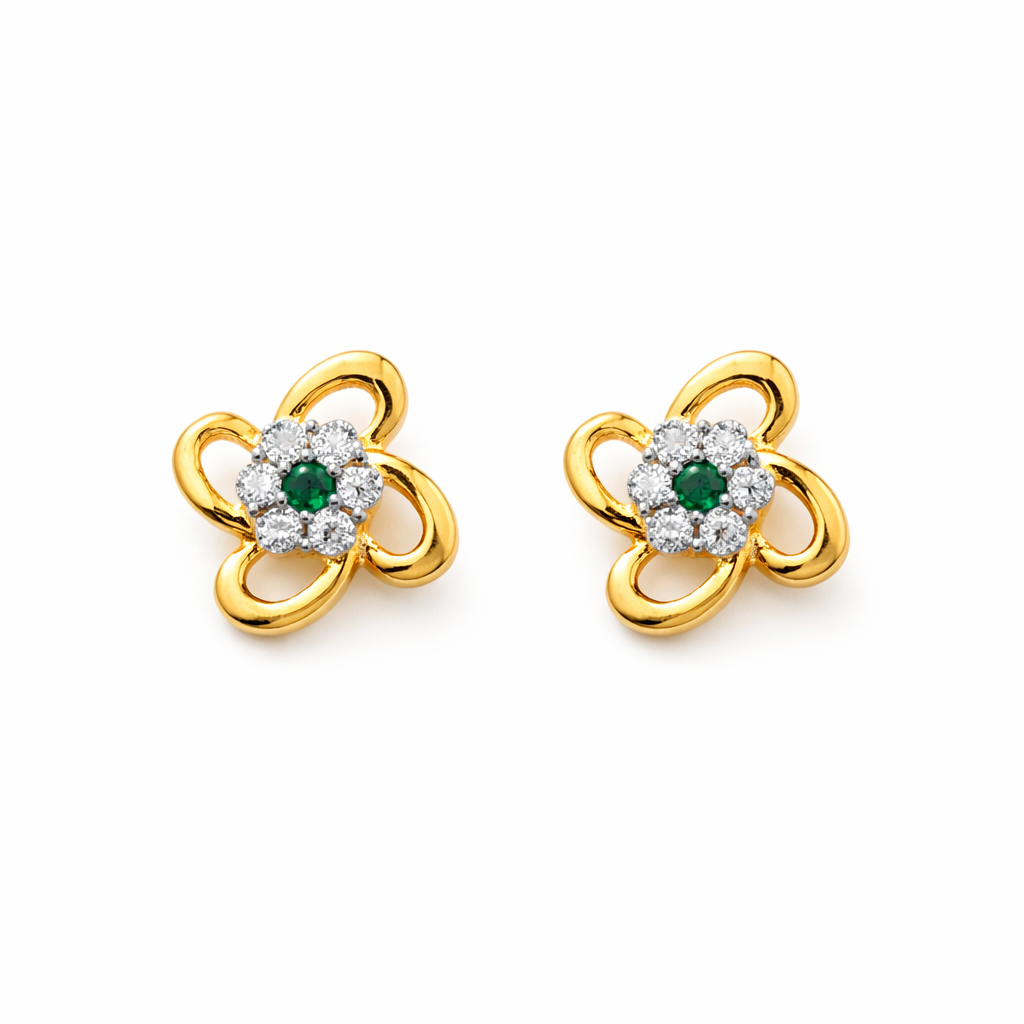 92.5 Silver flower shape with white and green stone earrings