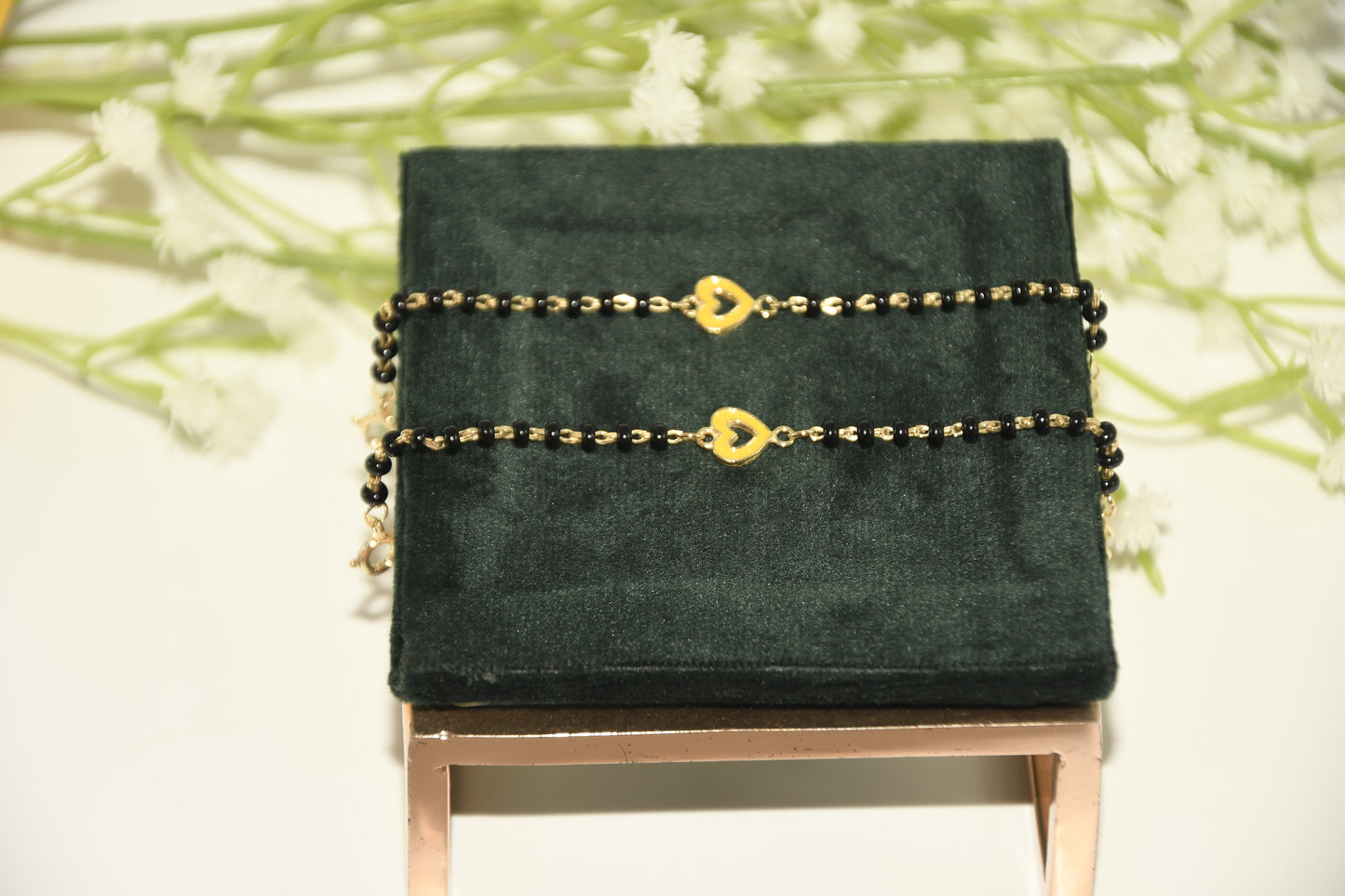 Yellow Heart Charm Black Bead Nazariya Bracelet