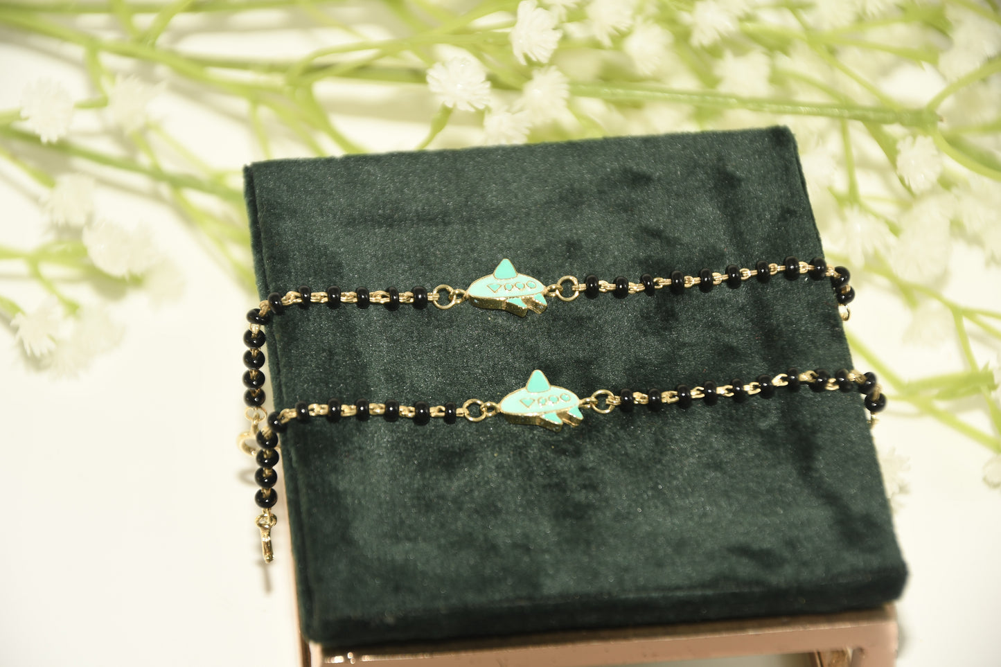 Sky Blue Airplane Charm Black Bead Nazariya Bracelet