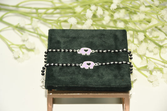 Pink Hollow Elephant Silver Black Bead Nazariya Bracelet (Pair of 2)