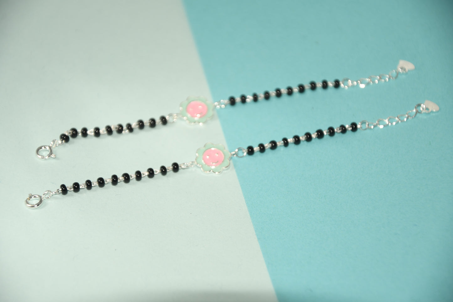 Blue Pink flower Silver Black Bead Nazariya Bracelet (Pair of 2)