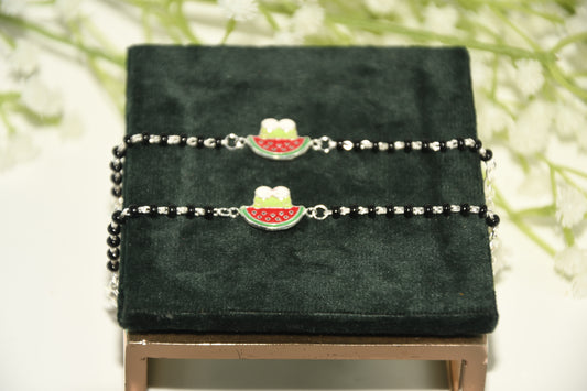 Watermelon Cartoon Silver Black Bead Nazariya Bracelet (Pair of 2)