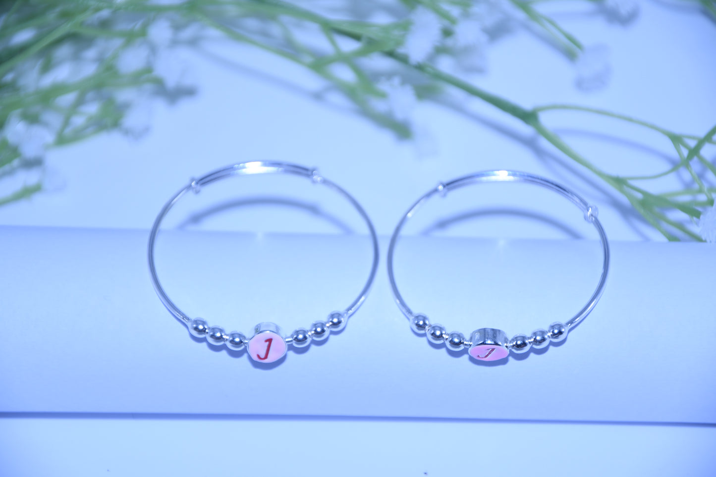 92.5 Silver Initial Pink‘J’ Kadas (Pair of 2)