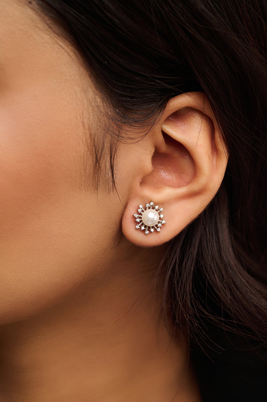 92.5 Pearl Studded Silver Sunburst Earrings