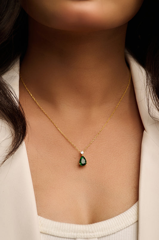 Green Teardrop Pendant in Silver Tone Frame
