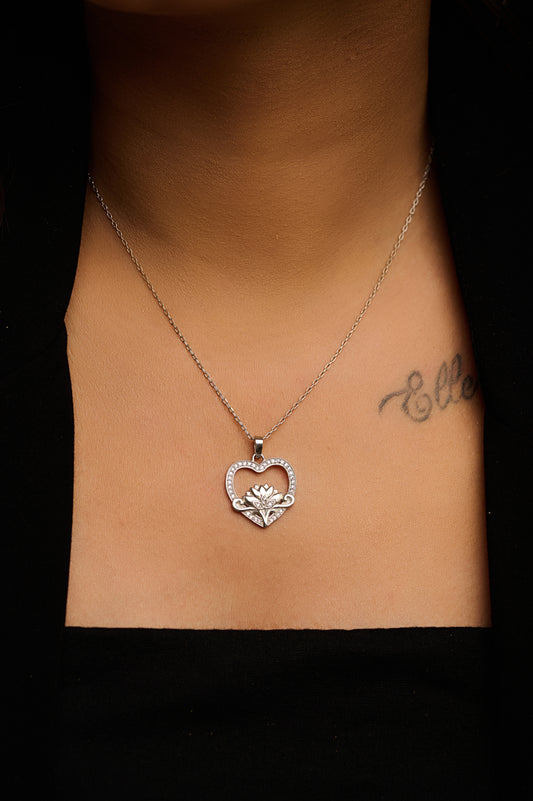 Sparkling Lotus in Heart with 92.5 Silver Pendant Chain
