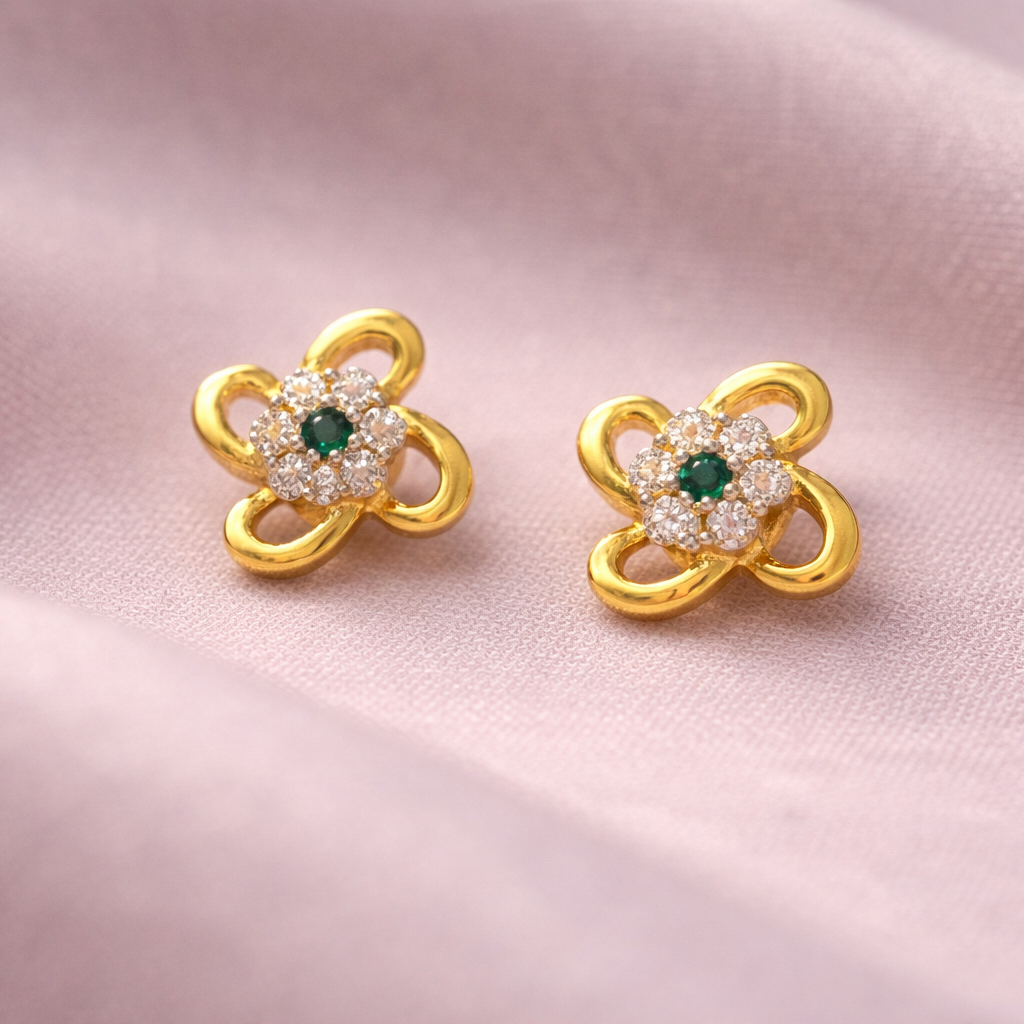 92.5 Silver flower shape with white and green stone earrings