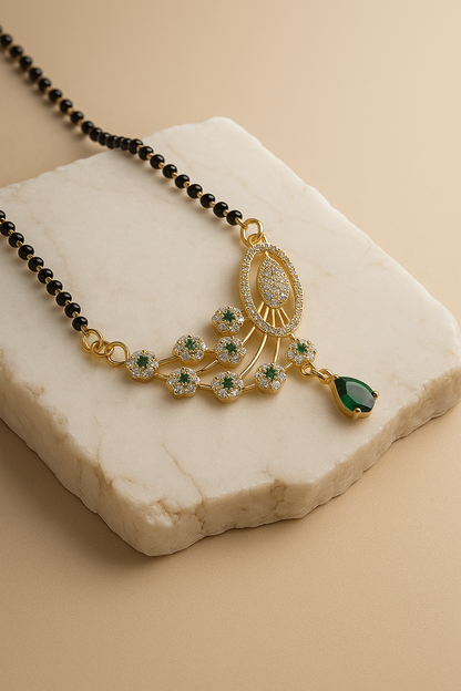 92.5 Silver Peacock Emerald Quill Mangalsutra
