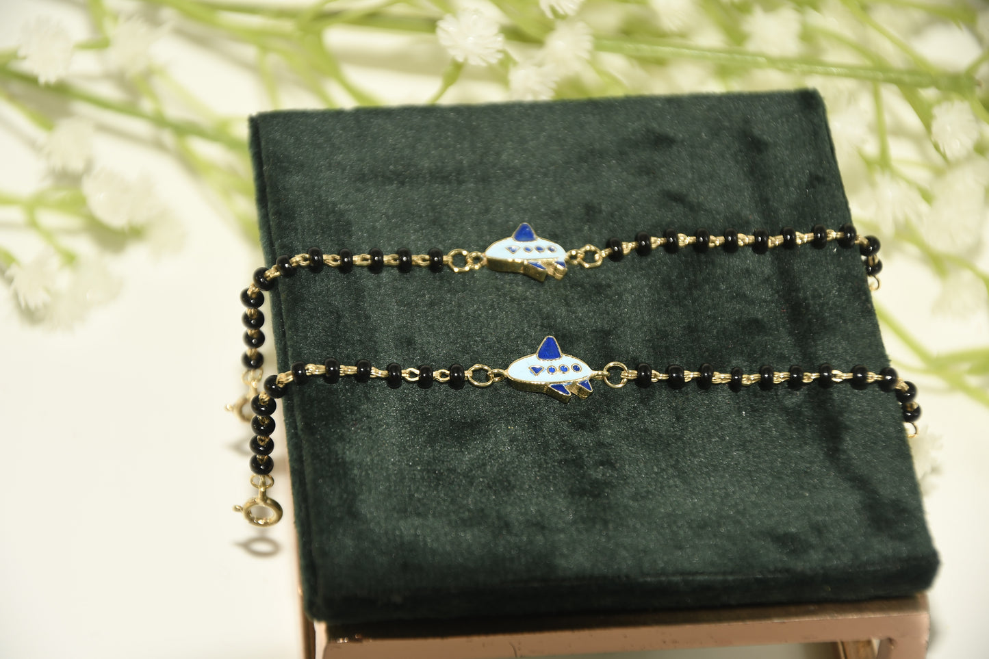 Blue Airplane Charm Black Bead Nazariya Bracelet (Pair of 2)