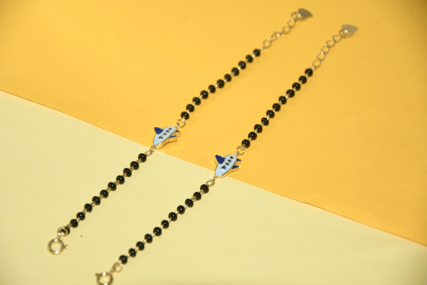 Blue Airplane Charm Black Bead Nazariya Bracelet (Pair of 2)