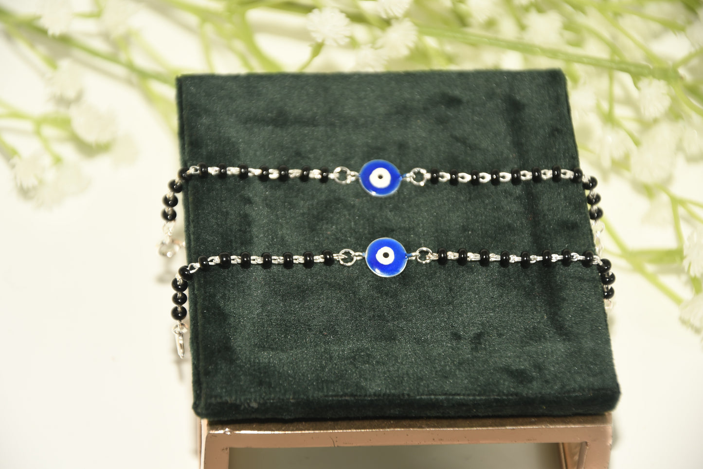Blue Evil Eye Silver Black Bead Nazariya Bracelet (Pair of 2)