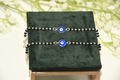 Blue Evil Eye Silver Black Bead Nazariya Bracelet (Pair of 2)