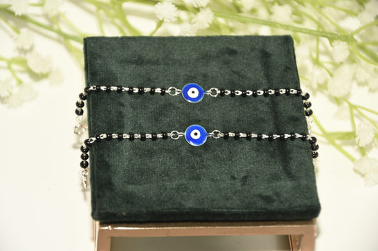 Blue Evil Eye Silver Black Bead Nazariya Bracelet (Pair of 2)