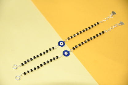 Blue Evil Eye Silver Black Bead Nazariya Bracelet (Pair of 2)