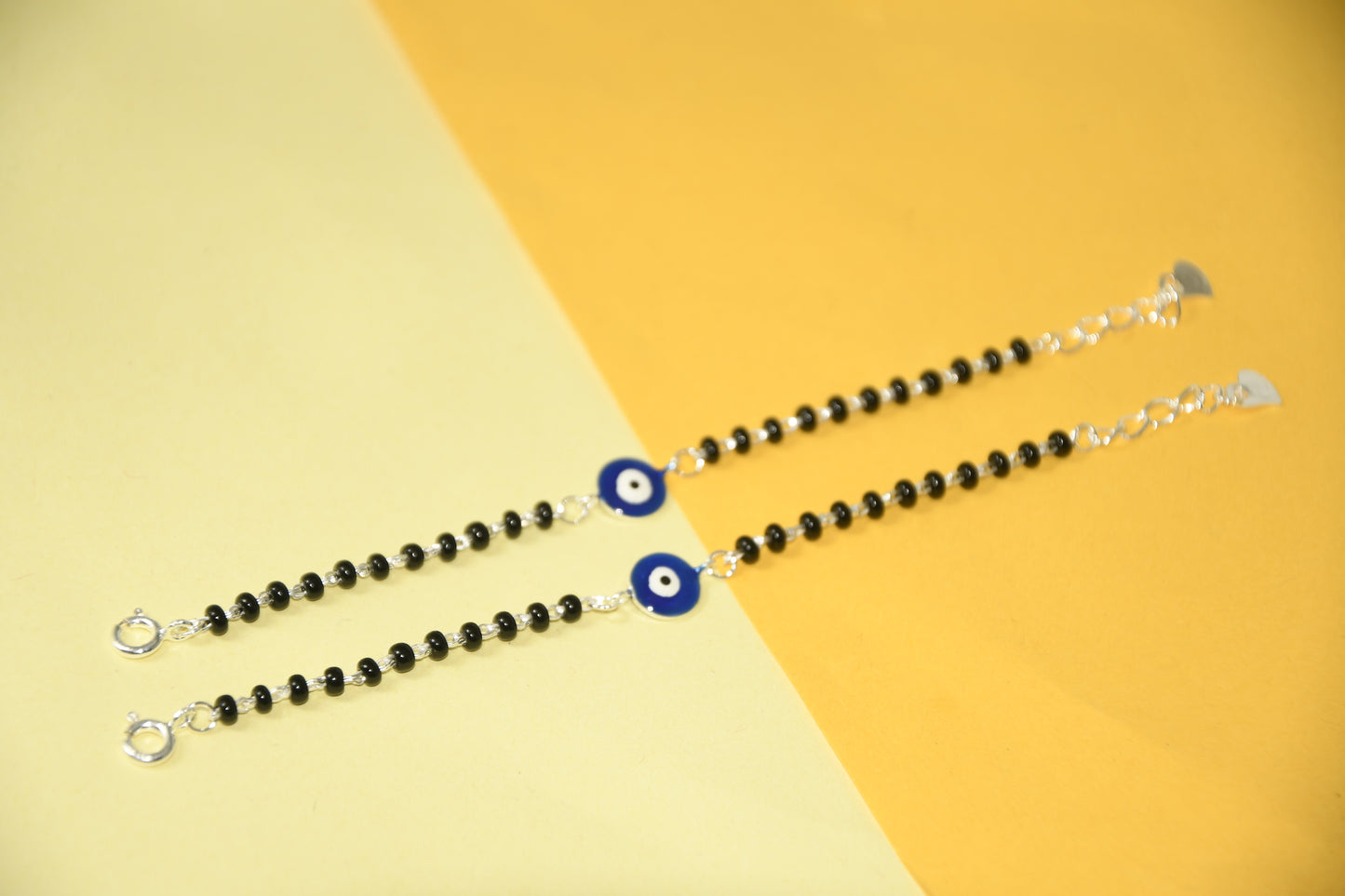 Blue Evil Eye Silver Black Bead Nazariya Bracelet (Pair of 2)