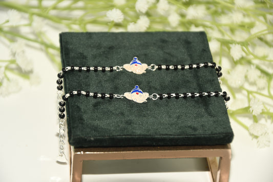 Blue Ganesha Silver Black Bead Nazariya Bracelet (Pair of 2)