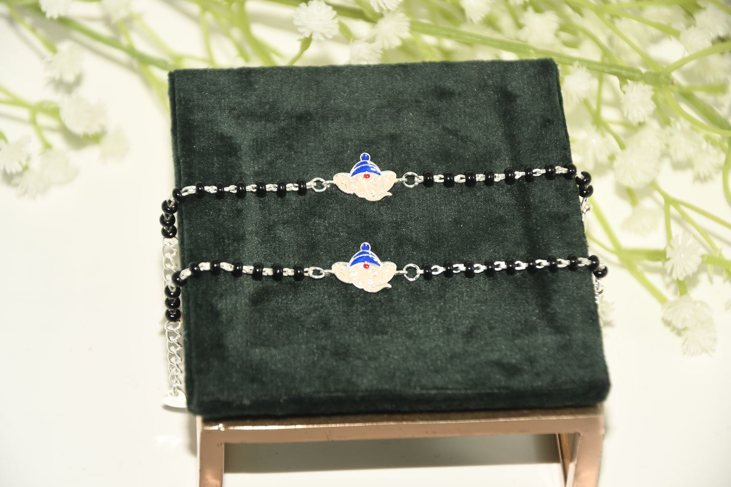 Blue Ganesha Silver Black Bead Nazariya Bracelet (Pair of 2)
