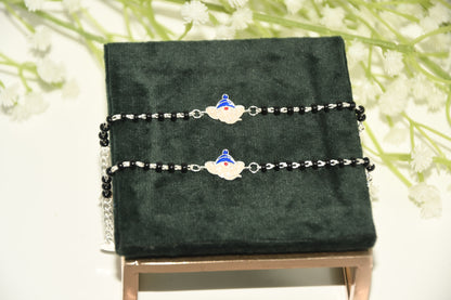 Blue Ganesha Silver Black Bead Nazariya Bracelet (Pair of 2)