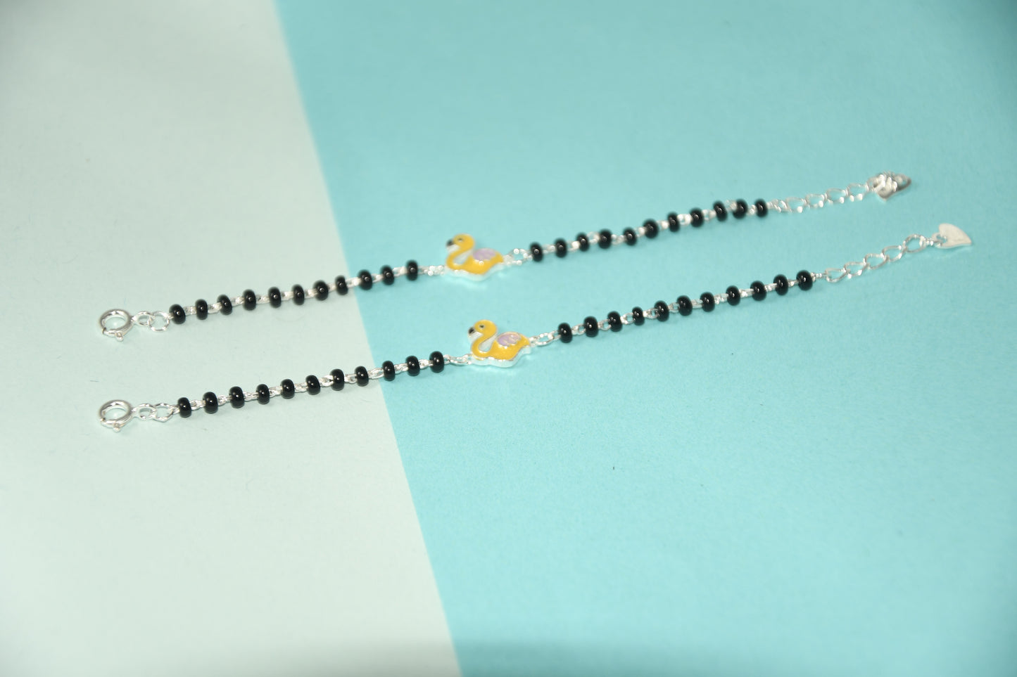 Yellow Swan Silver Black Bead Nazariya Bracelet (Pair of 2)