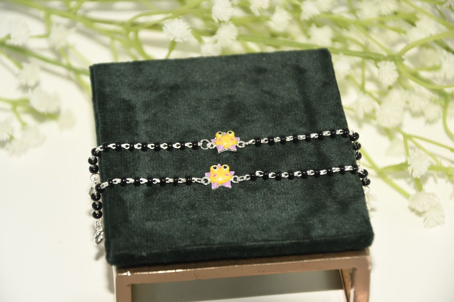 Yellow Frog Star Silver Black Bead Nazariya Bracelet (Pair of 2)