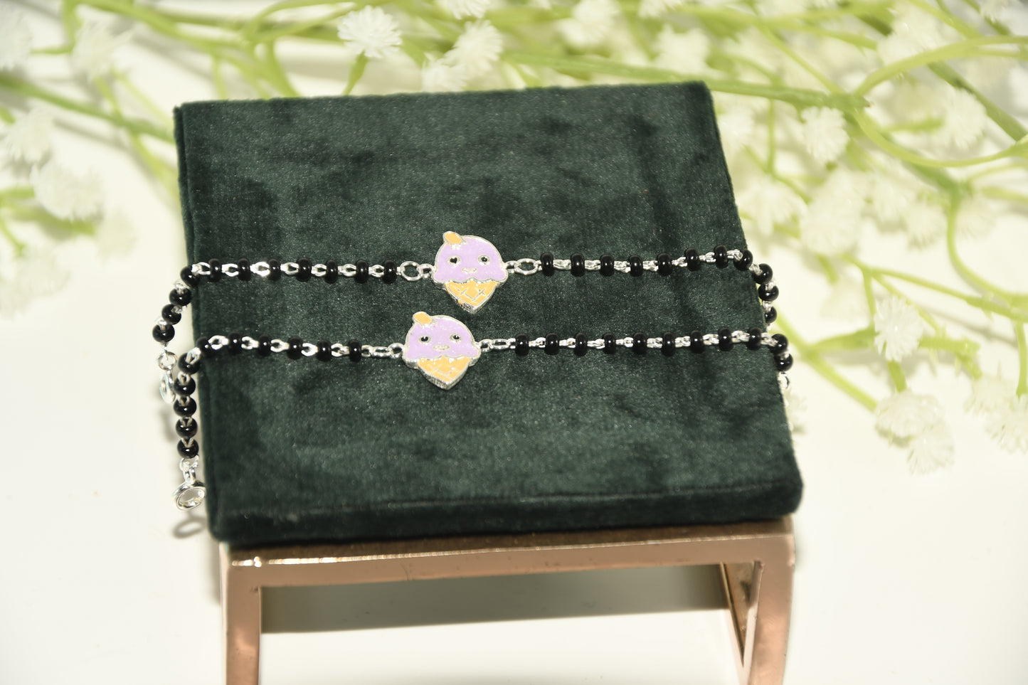 Purple Icecream Cone Silver Black Bead Nazariya Bracelet (Pair of 2)