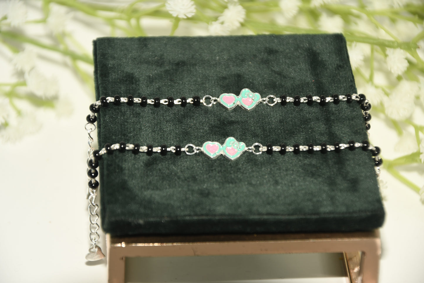 Green Heart Sunglasses Silver Black Bead Nazariya Bracelet (Pair of 2)