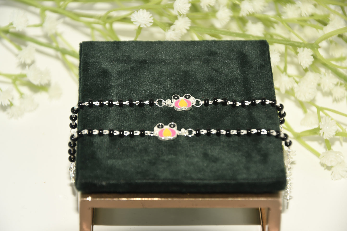Cute Cartoon Silver Black Bead Nazariya Bracelet (Pair of 2)