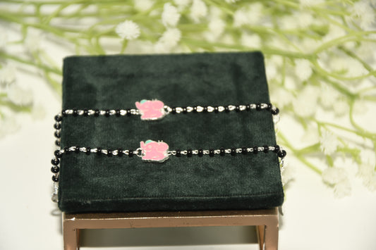 Pink Elephant Silver Black Bead Nazariya Bracelet (Pair of 2)