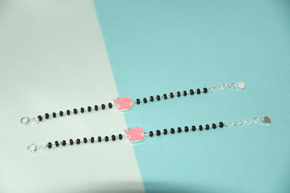 Pink Elephant Silver Black Bead Nazariya Bracelet (Pair of 2)