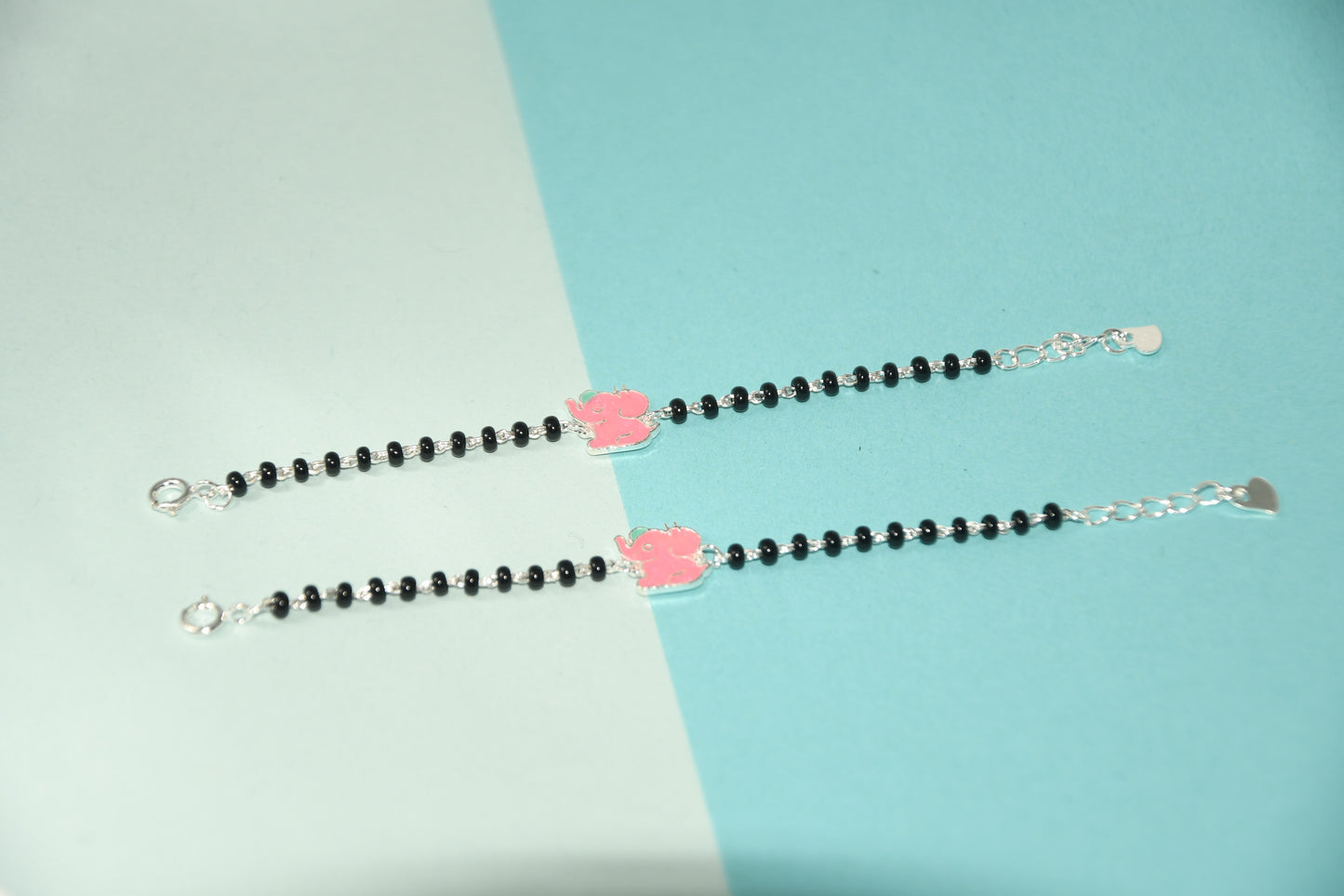 Pink Elephant Silver Black Bead Nazariya Bracelet (Pair of 2)