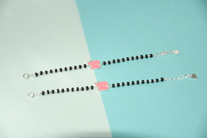 Pink Elephant Silver Black Bead Nazariya Bracelet (Pair of 2)