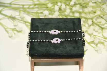 Pink Hollow Elephant Silver Black Bead Nazariya Bracelet (Pair of 2)