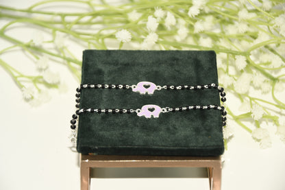 Pink Hollow Elephant Silver Black Bead Nazariya Bracelet (Pair of 2)