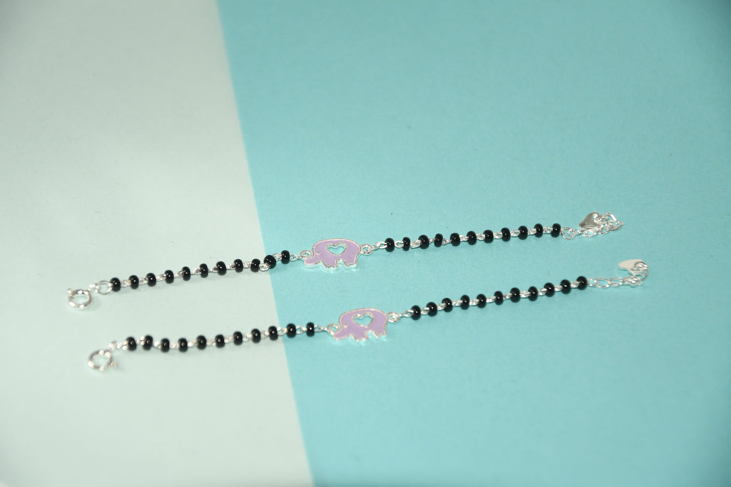 Pink Hollow Elephant Silver Black Bead Nazariya Bracelet (Pair of 2)