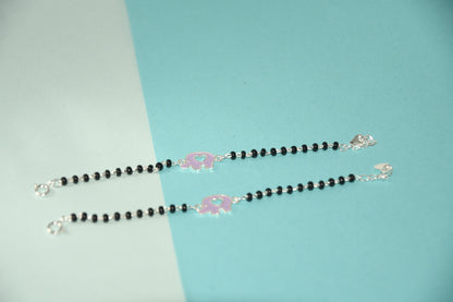 Pink Hollow Elephant Silver Black Bead Nazariya Bracelet (Pair of 2)