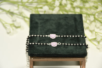 Pink Soft Jelly Silver  Black Bead Nazariya Bracelet (Pair of 2)