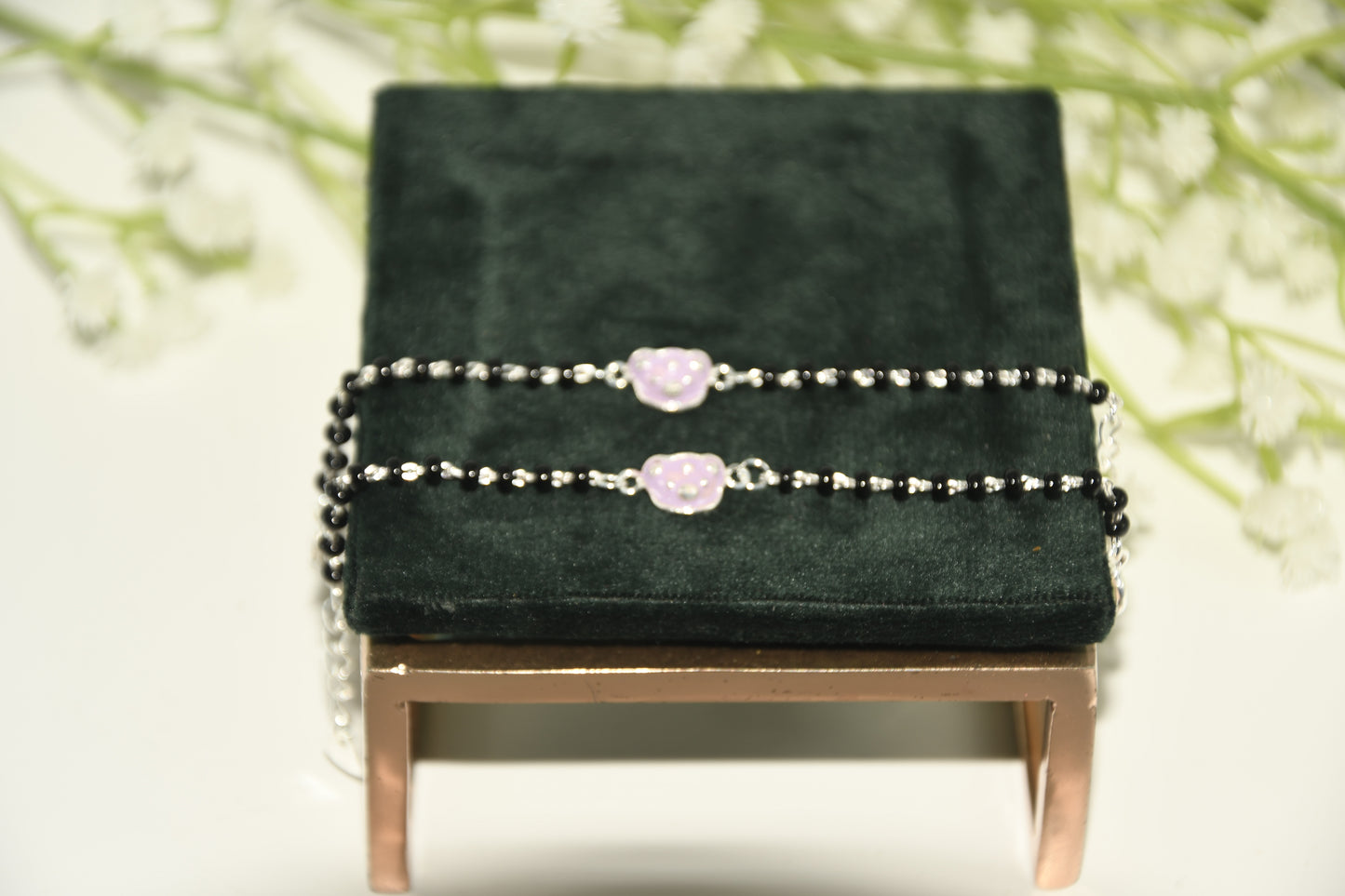 Pink Soft Jelly Silver  Black Bead Nazariya Bracelet (Pair of 2)