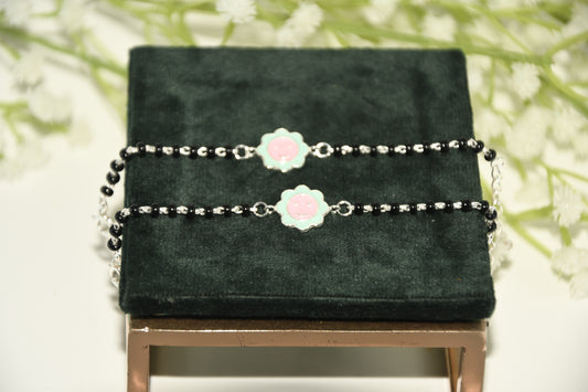 Blue Pink flower Silver  Black Bead Nazariya Bracelet (Pair of 2)