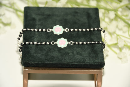 Blue Pink flower Silver  Black Bead Nazariya Bracelet (Pair of 2)