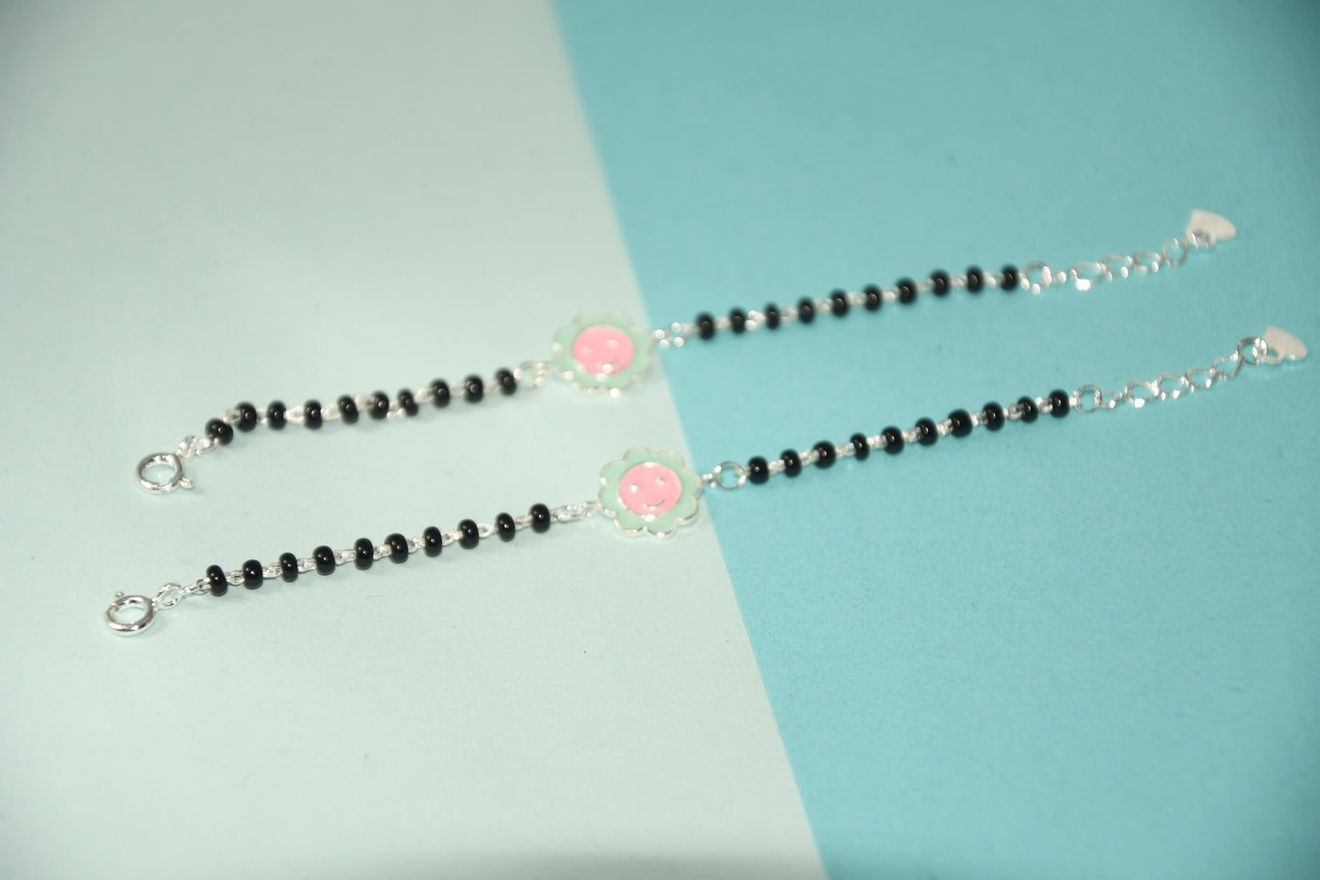 Blue Pink flower Silver  Black Bead Nazariya Bracelet (Pair of 2)