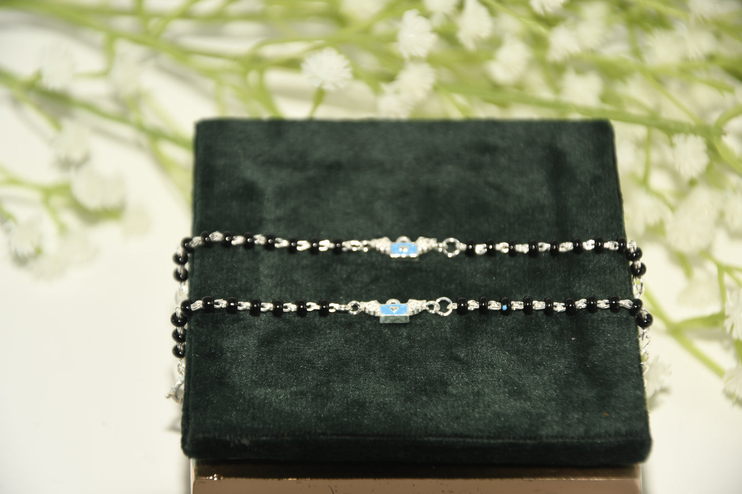 Blue Wing Purse Silver  Black Bead Nazariya Bracelet (Pair of 2)