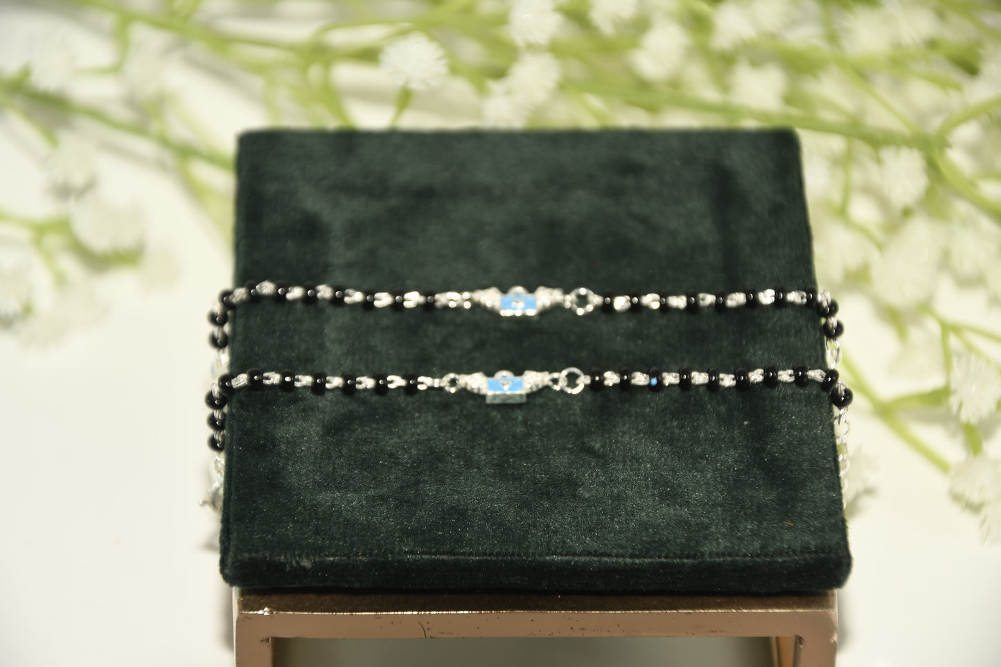 Blue Wing Purse Silver  Black Bead Nazariya Bracelet (Pair of 2)