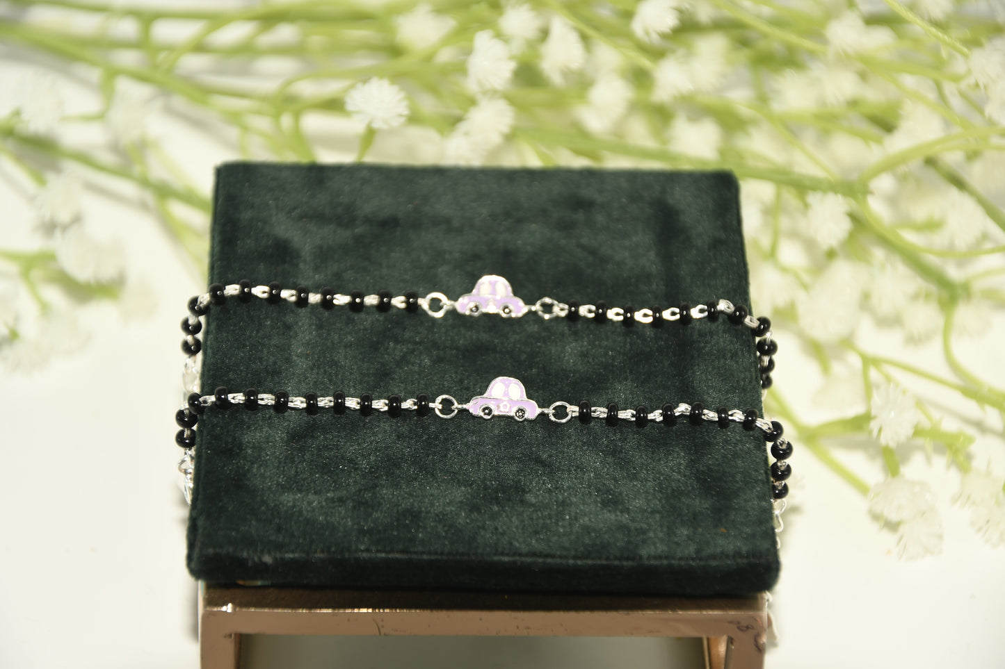 Purple Car Silver  Black Bead Nazariya Bracelet (Pair of 2)