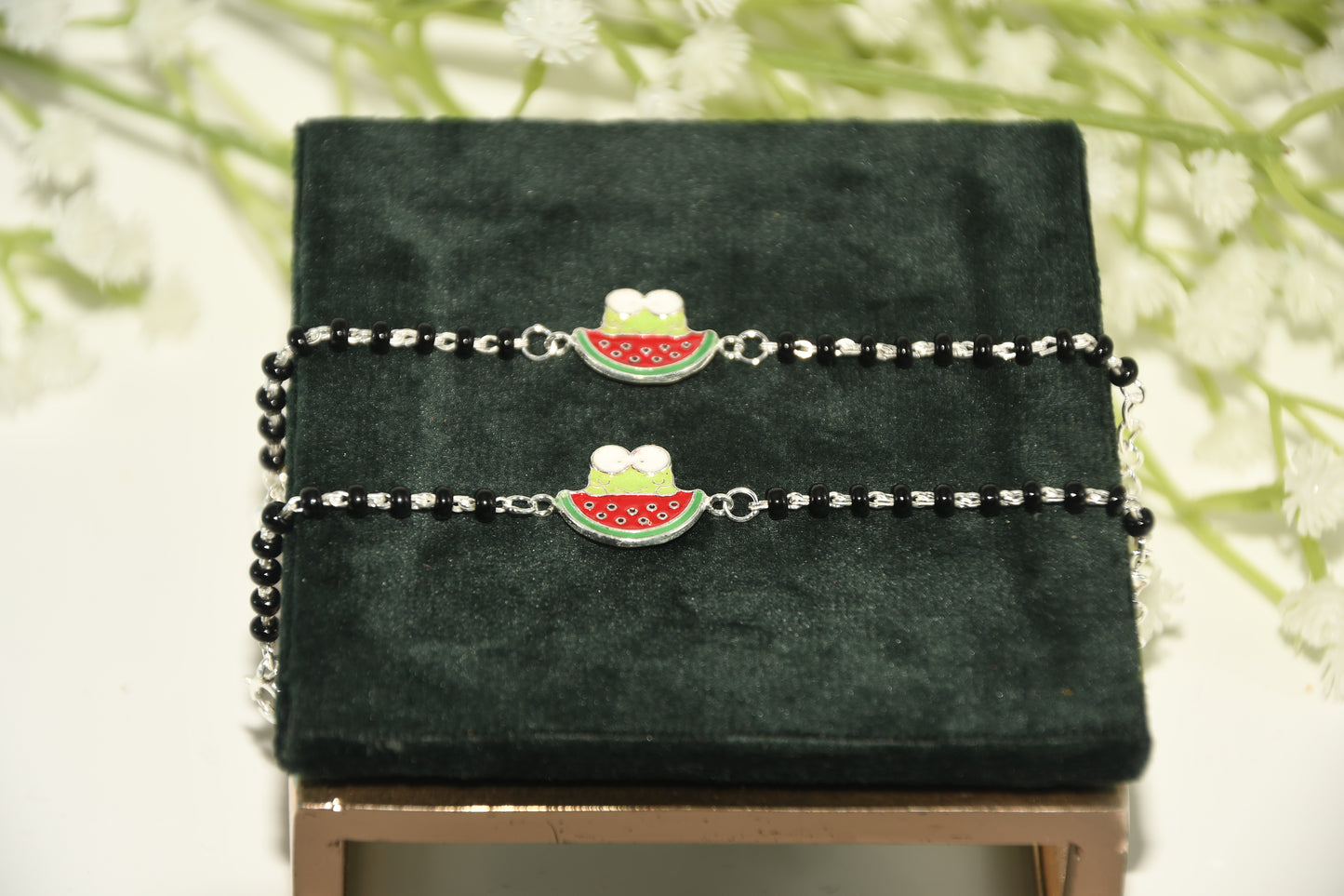 Watermelon Cartoon Silver  Black Bead Nazariya Bracelet (Pair of 2)