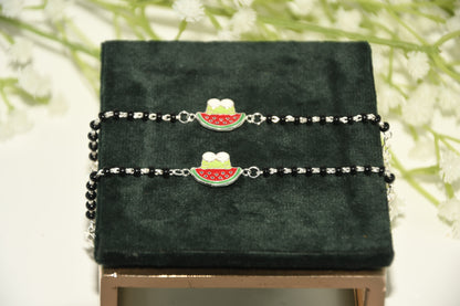 Watermelon Cartoon Silver  Black Bead Nazariya Bracelet (Pair of 2)