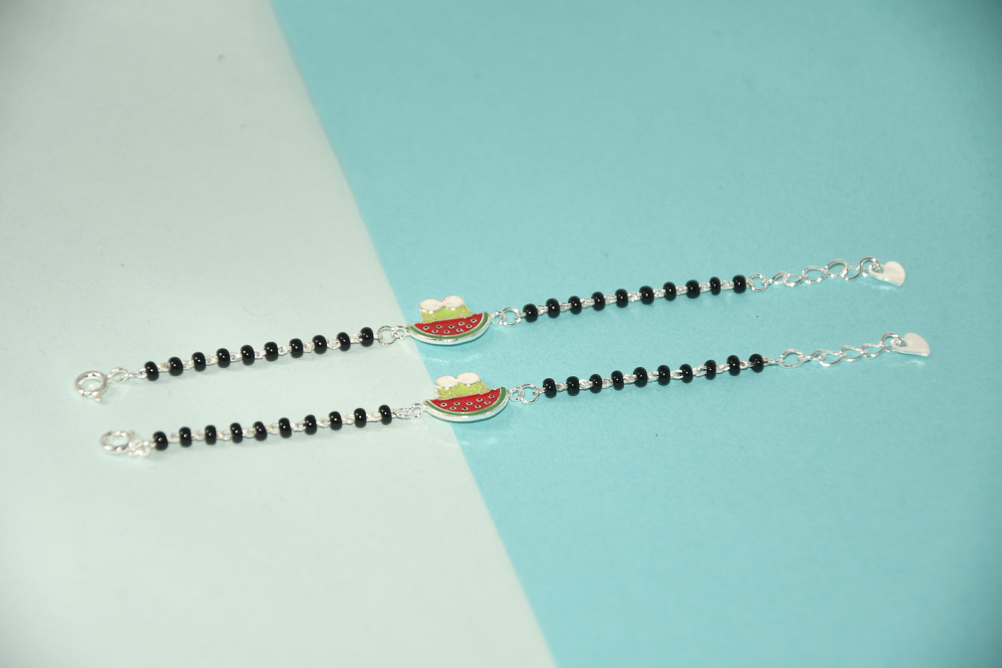 Watermelon Cartoon Silver  Black Bead Nazariya Bracelet (Pair of 2)