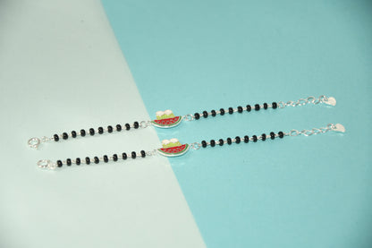Watermelon Cartoon Silver  Black Bead Nazariya Bracelet (Pair of 2)