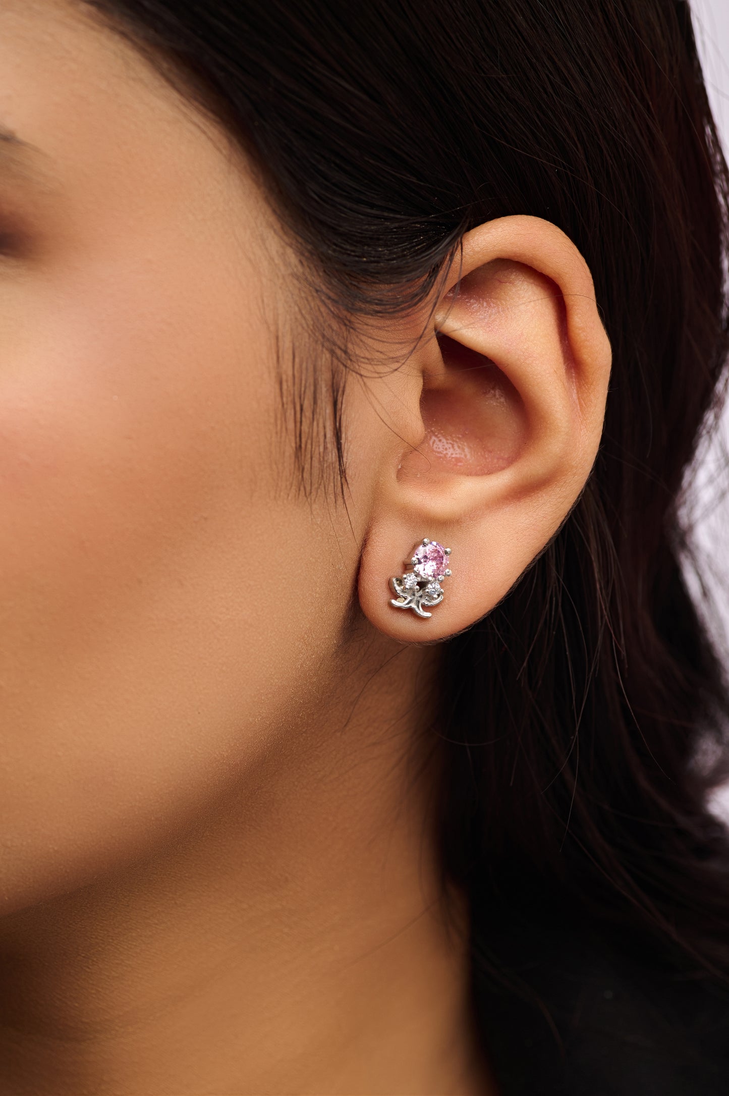 Octopus Stud Earrings with Pink Stone