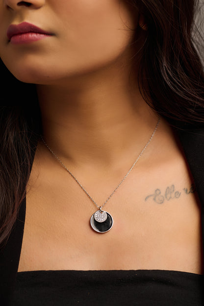 Black Disc Charm Silver Necklace