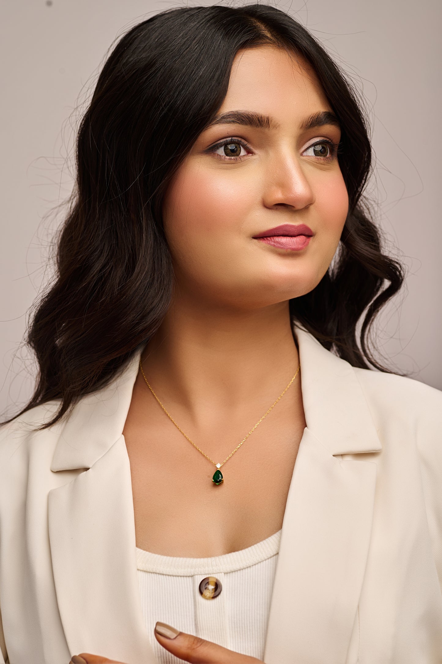 Green Teardrop Pendant in Silver Tone Frame